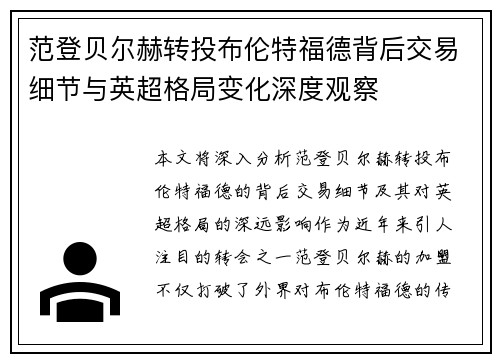 范登贝尔赫转投布伦特福德背后交易细节与英超格局变化深度观察