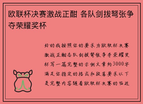 欧联杯决赛激战正酣 各队剑拔弩张争夺荣耀奖杯